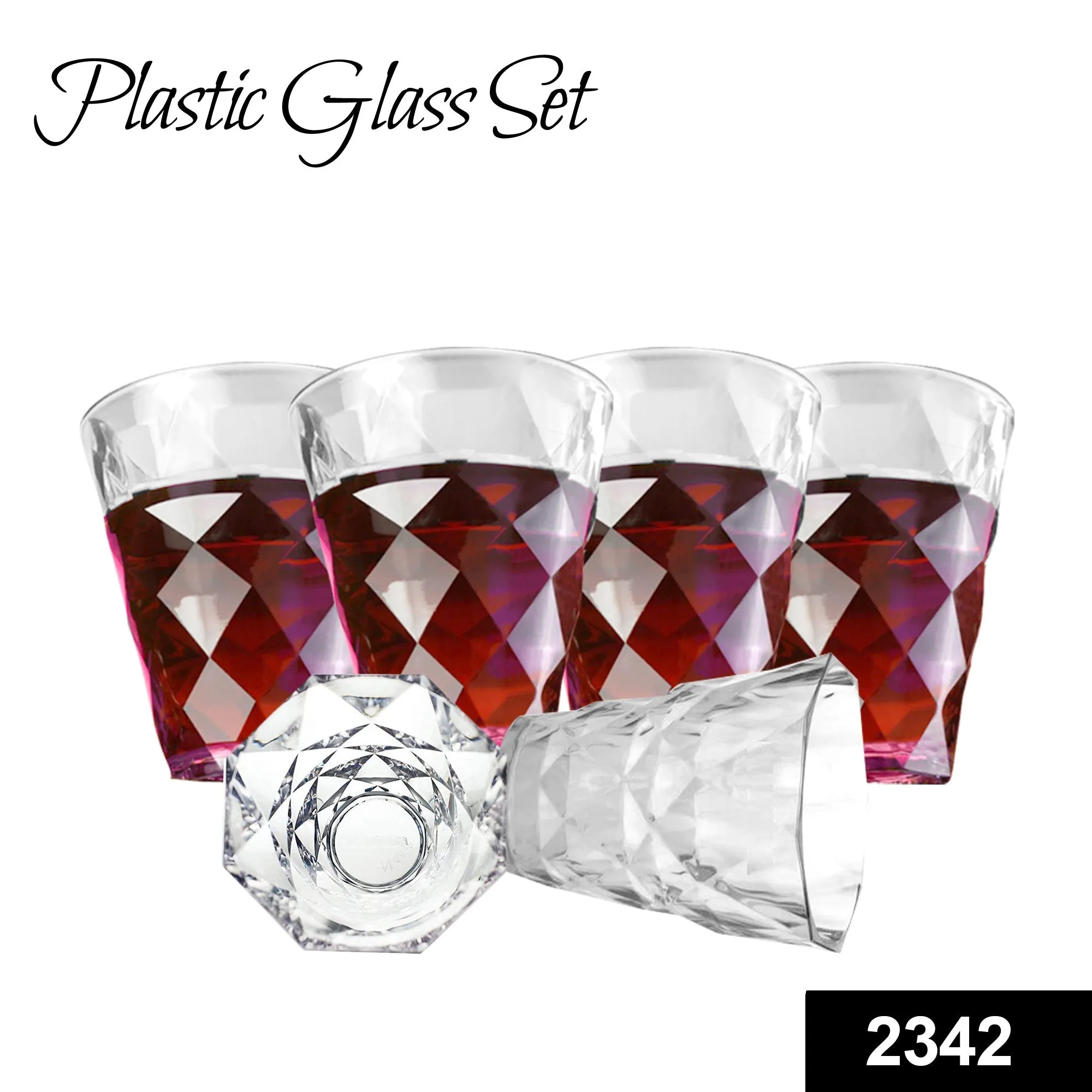 2342 Heavy unbreakable Stylish Diamond look fully Transparent Glasses Set 260ml (6pcs)