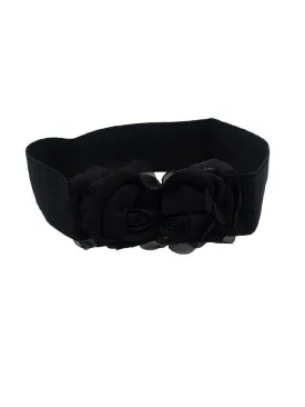 Black Chiffon Flower Elastic Wide Belt