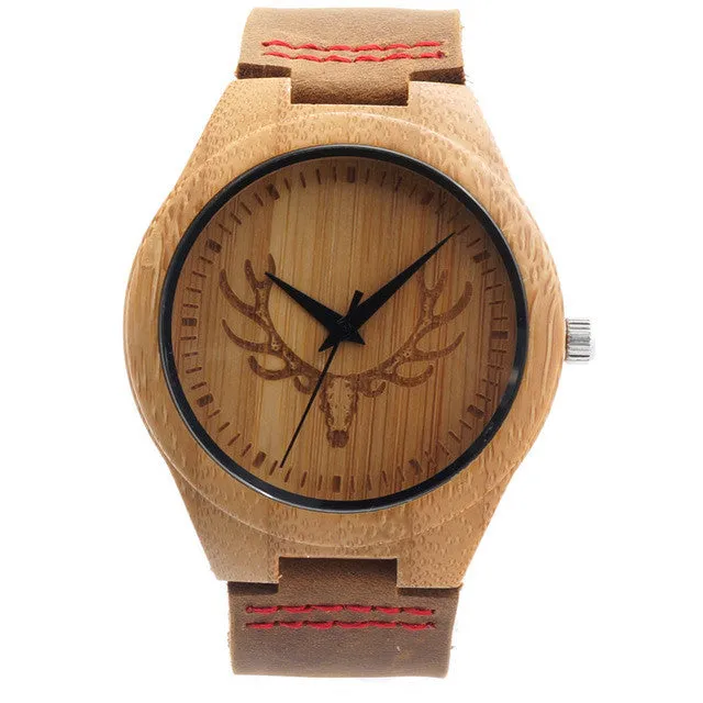 Bobobird RT0459 Mens Deer Head Design Buck Bamboo Wooden Watches Luxury Wooden Bamboo Watches With Leather Quartz Watch