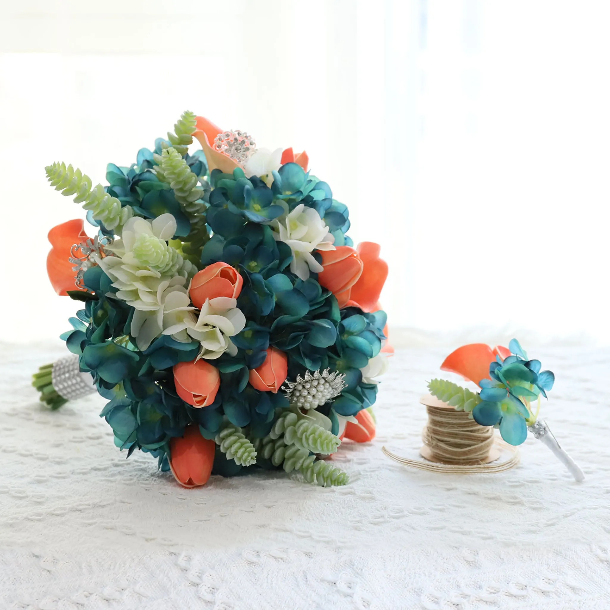 Bridal Bouquet Coral Calla Lily Tulips Teal Hydrangea