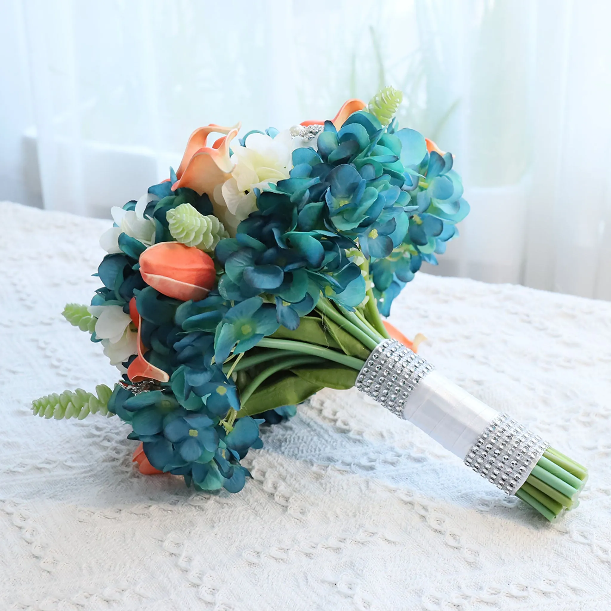 Bridal Bouquet Coral Calla Lily Tulips Teal Hydrangea