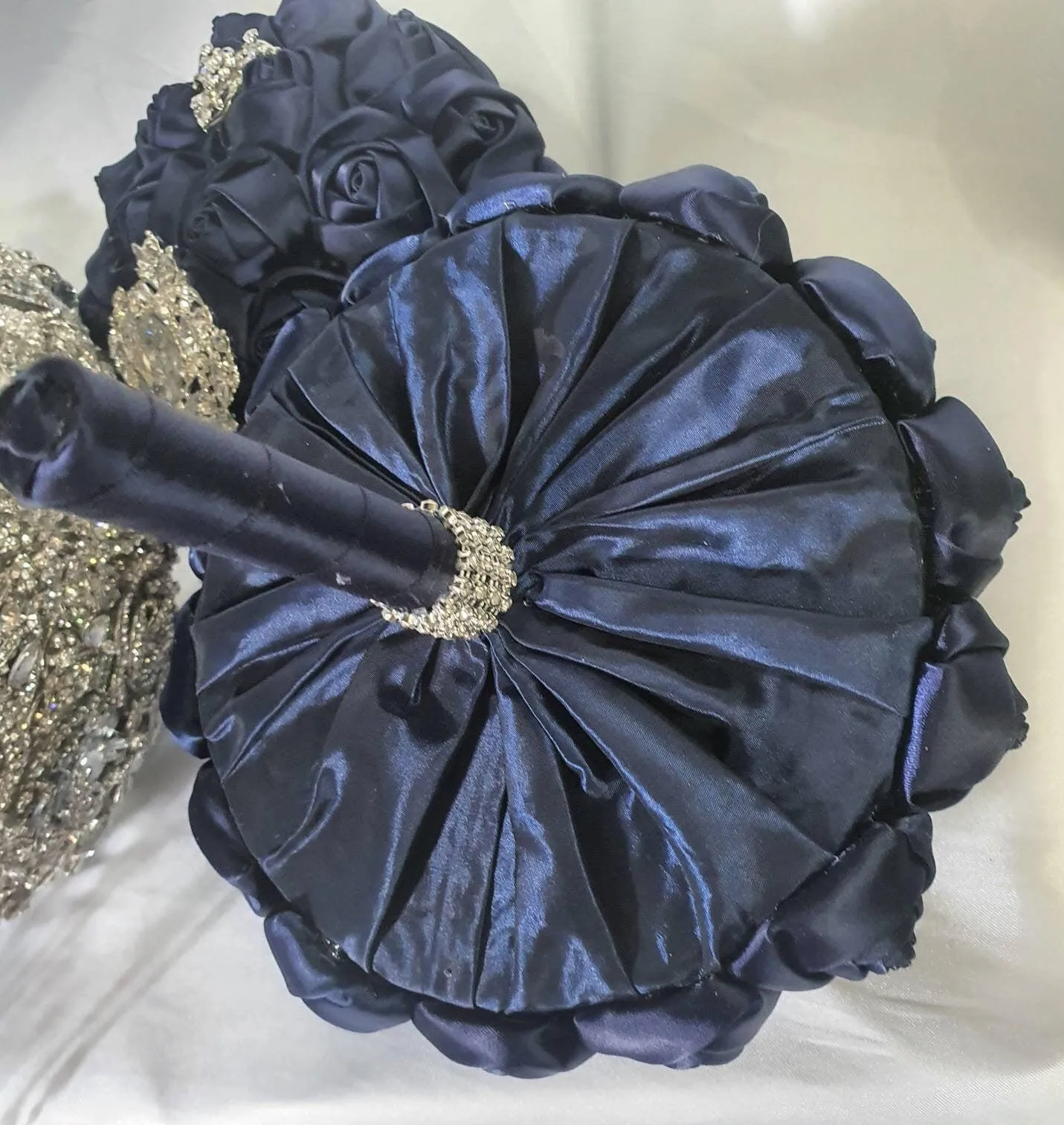 BROOCH BOUQUET brooch bouquet navy fabric flower Alternative jewel wedding bouquet. - Silver, rose gold or Gold tone by Crystal wedding uk