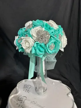 Brooch Bouquet,Robins egg blue, duck egg blue teal rose bouquet. by Crystal wedding uk