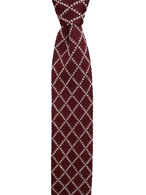 Burgundy Knitted Tie with a White Argyle Pattern