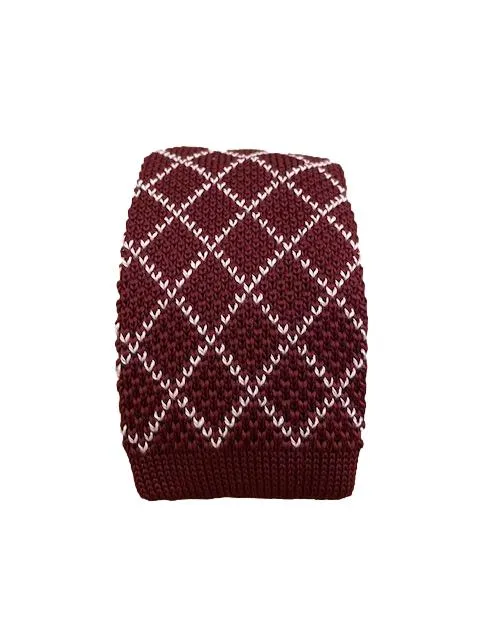 Burgundy Knitted Tie with a White Argyle Pattern