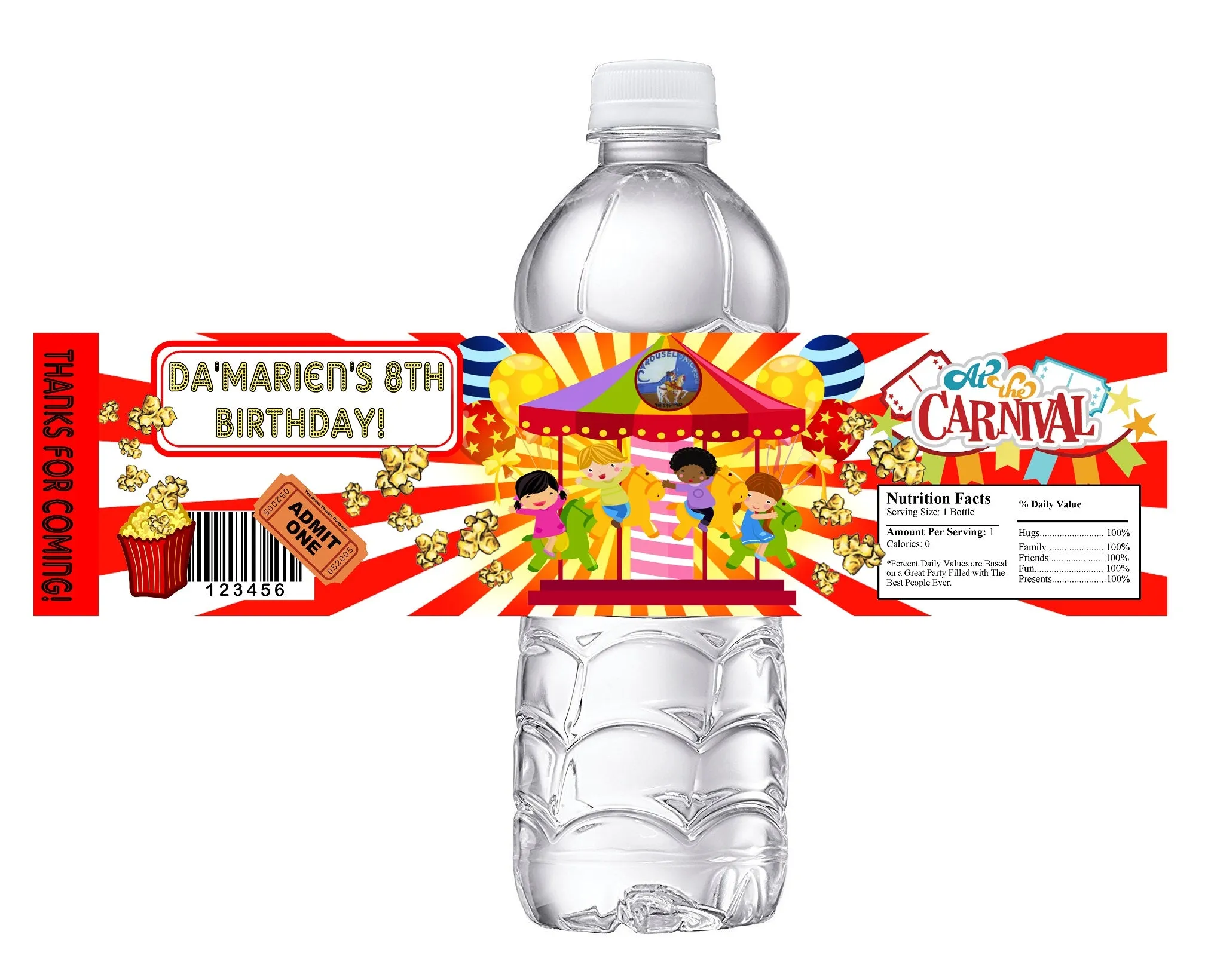 Carnival Fair Carousel Party Favors Birthday Water Bottle Labels Wrappers Supplies Personalized Unique ideas decor