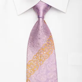 Cuni Homme Men's Silk Necktie Paisley Medallions On Mauve Sparkling With Rhinestones