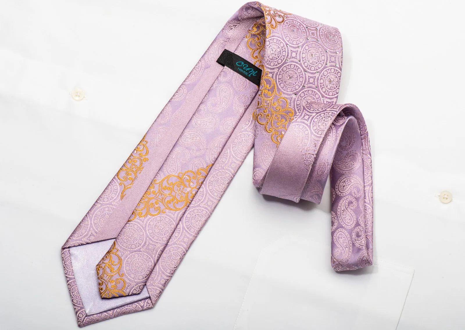 Cuni Homme Men's Silk Necktie Paisley Medallions On Mauve Sparkling With Rhinestones