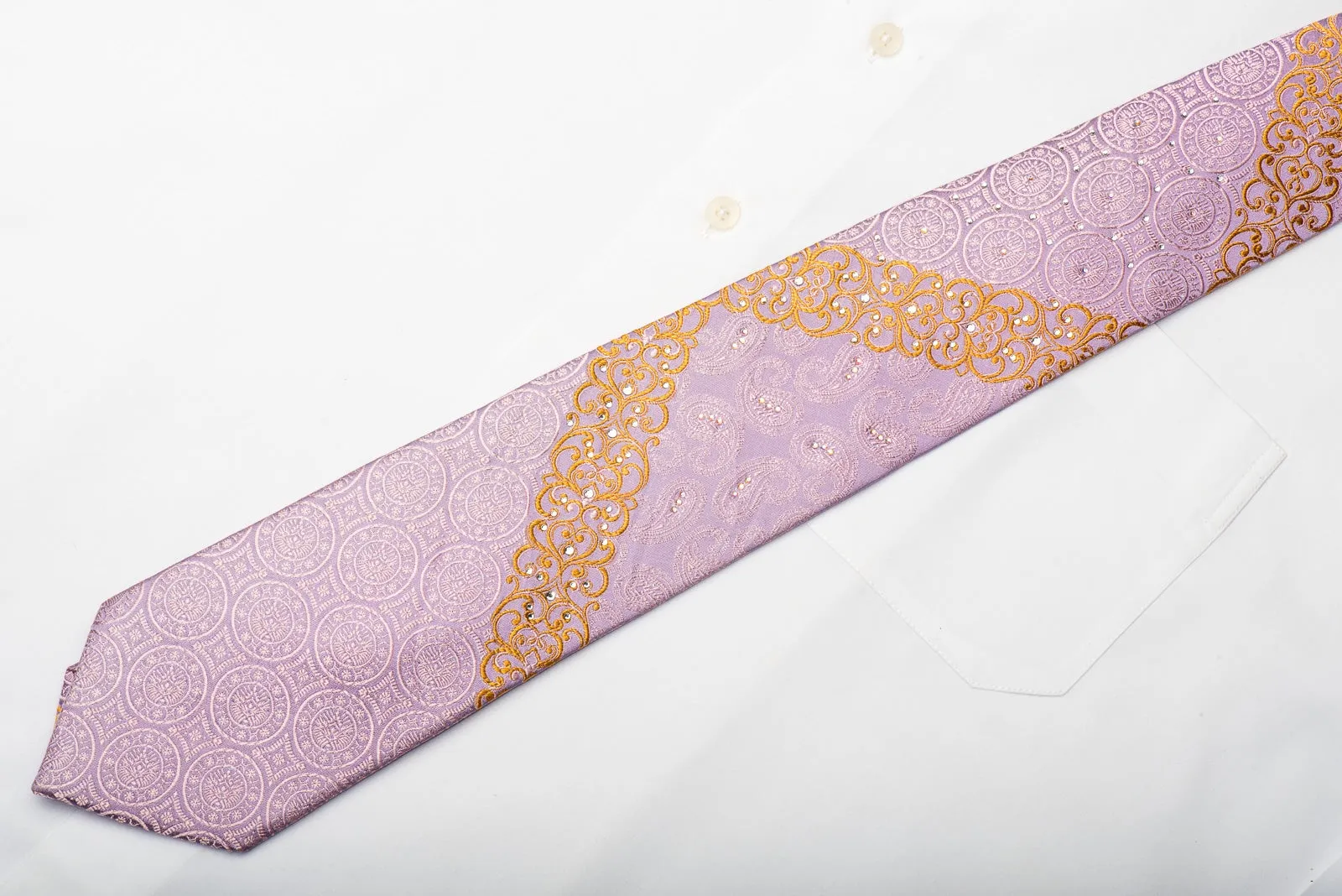 Cuni Homme Men's Silk Necktie Paisley Medallions On Mauve Sparkling With Rhinestones