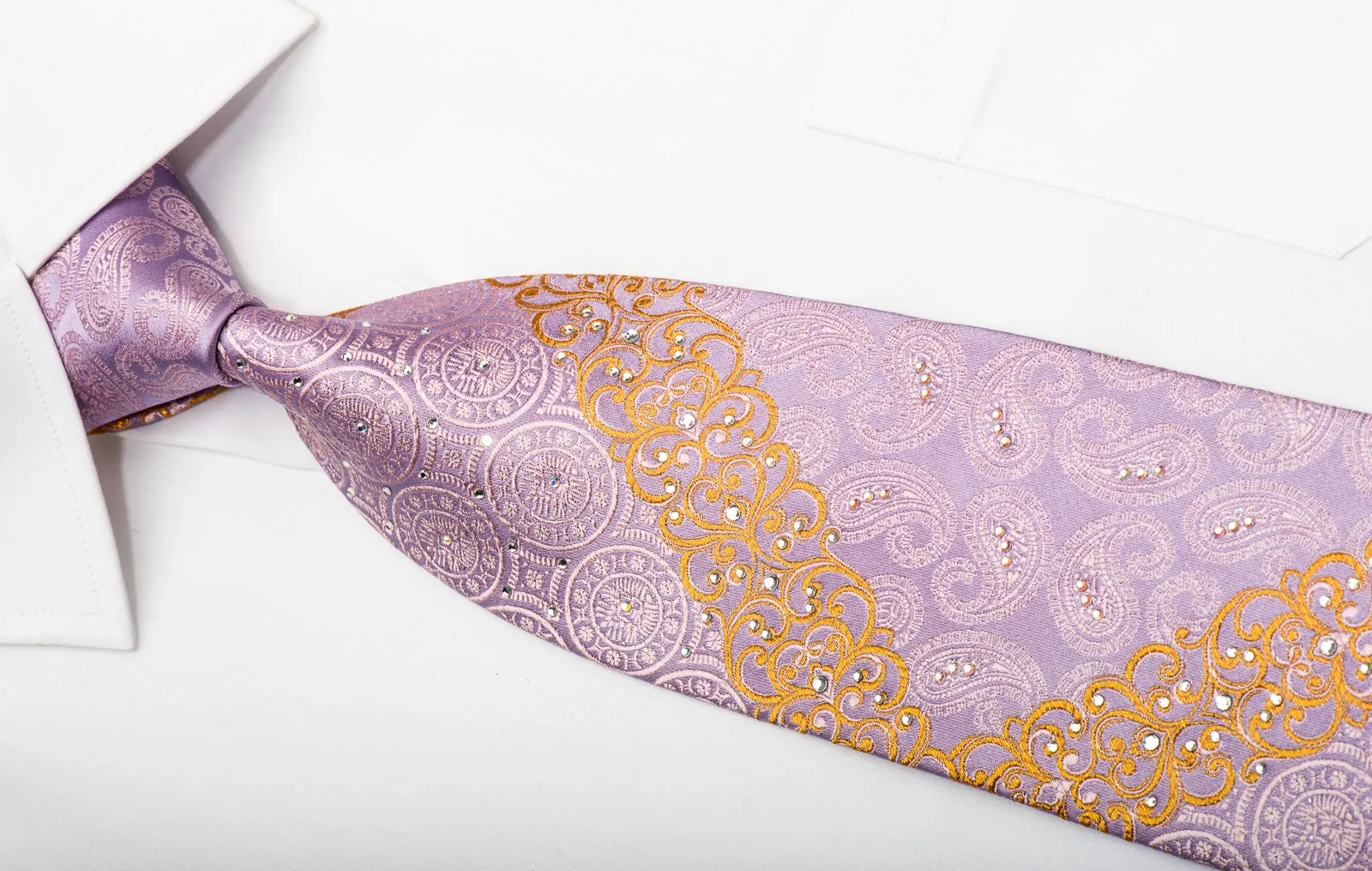 Cuni Homme Men's Silk Necktie Paisley Medallions On Mauve Sparkling With Rhinestones