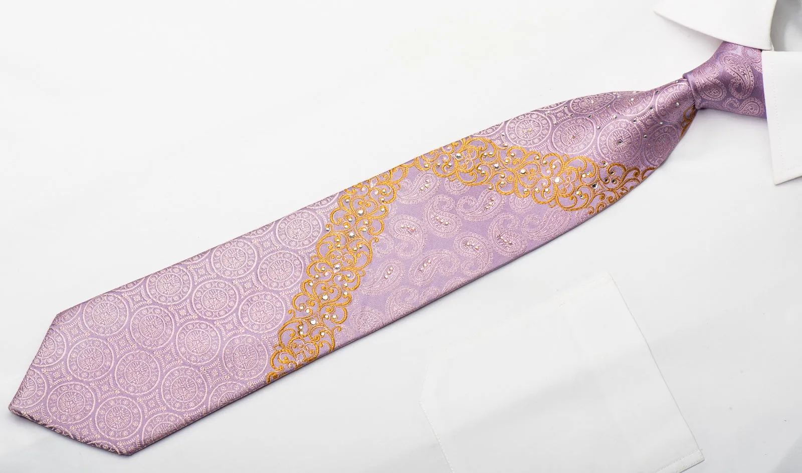 Cuni Homme Men's Silk Necktie Paisley Medallions On Mauve Sparkling With Rhinestones