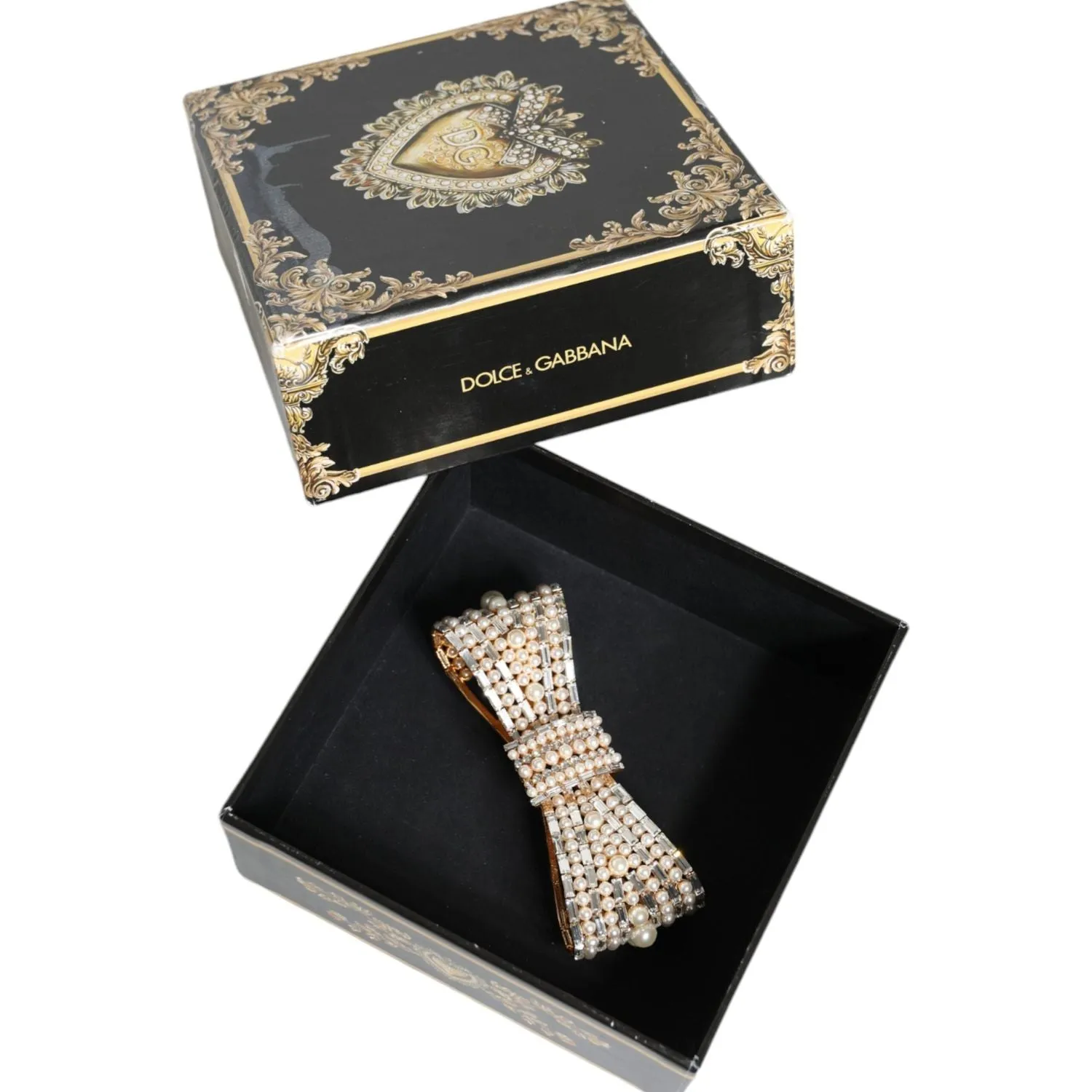 Dolce & Gabbana Gold Tone Brass Bow Crystal FauxPearl Embellished Brooch