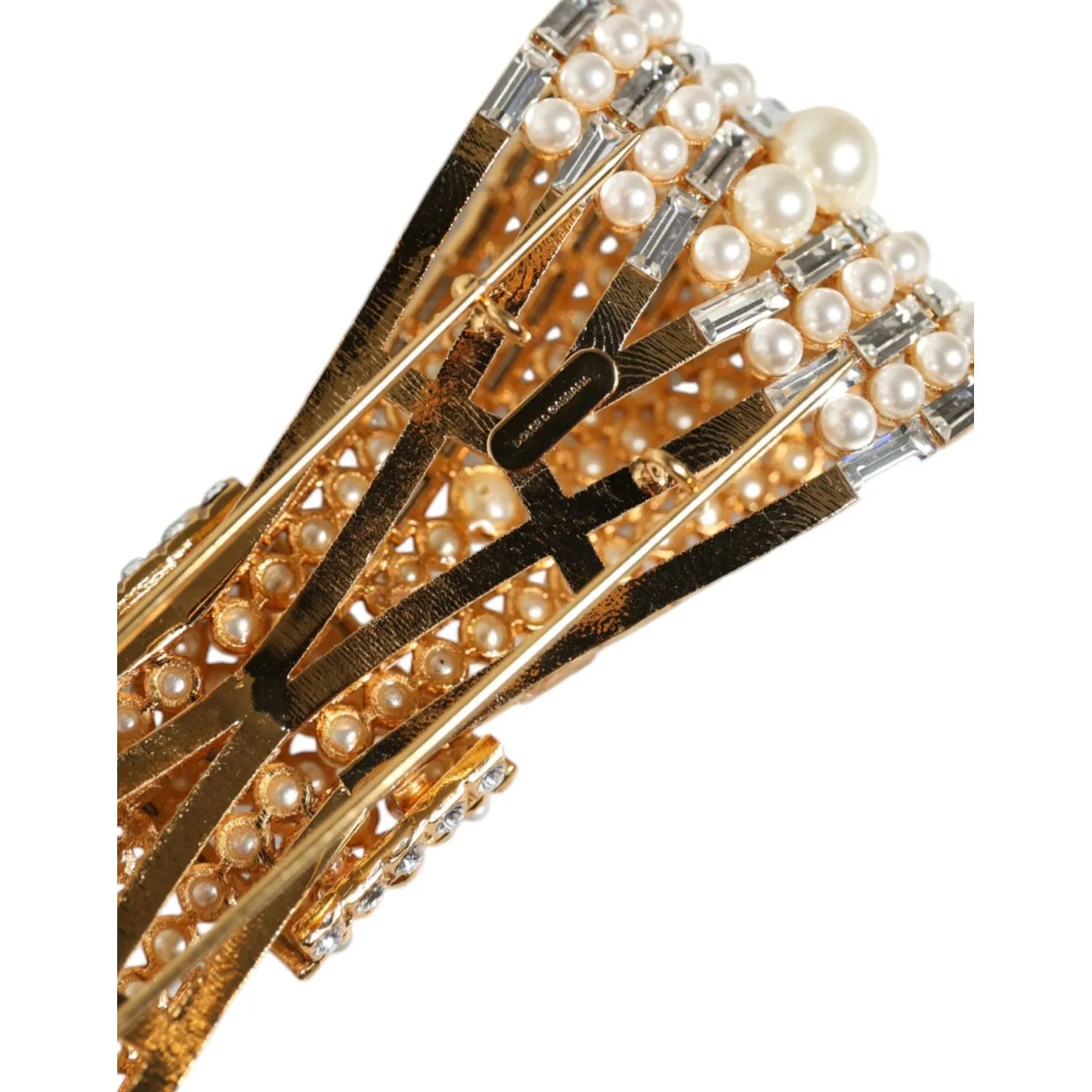 Dolce & Gabbana Gold Tone Brass Bow Crystal FauxPearl Embellished Brooch