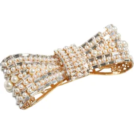 Dolce & Gabbana Gold Tone Brass Bow Crystal FauxPearl Embellished Brooch