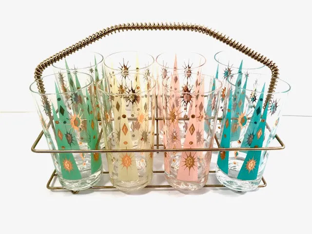 Fred Press Signed Mid-Century Pastel Atomic Burst Highball Glasses (Set of 8) with Carrier