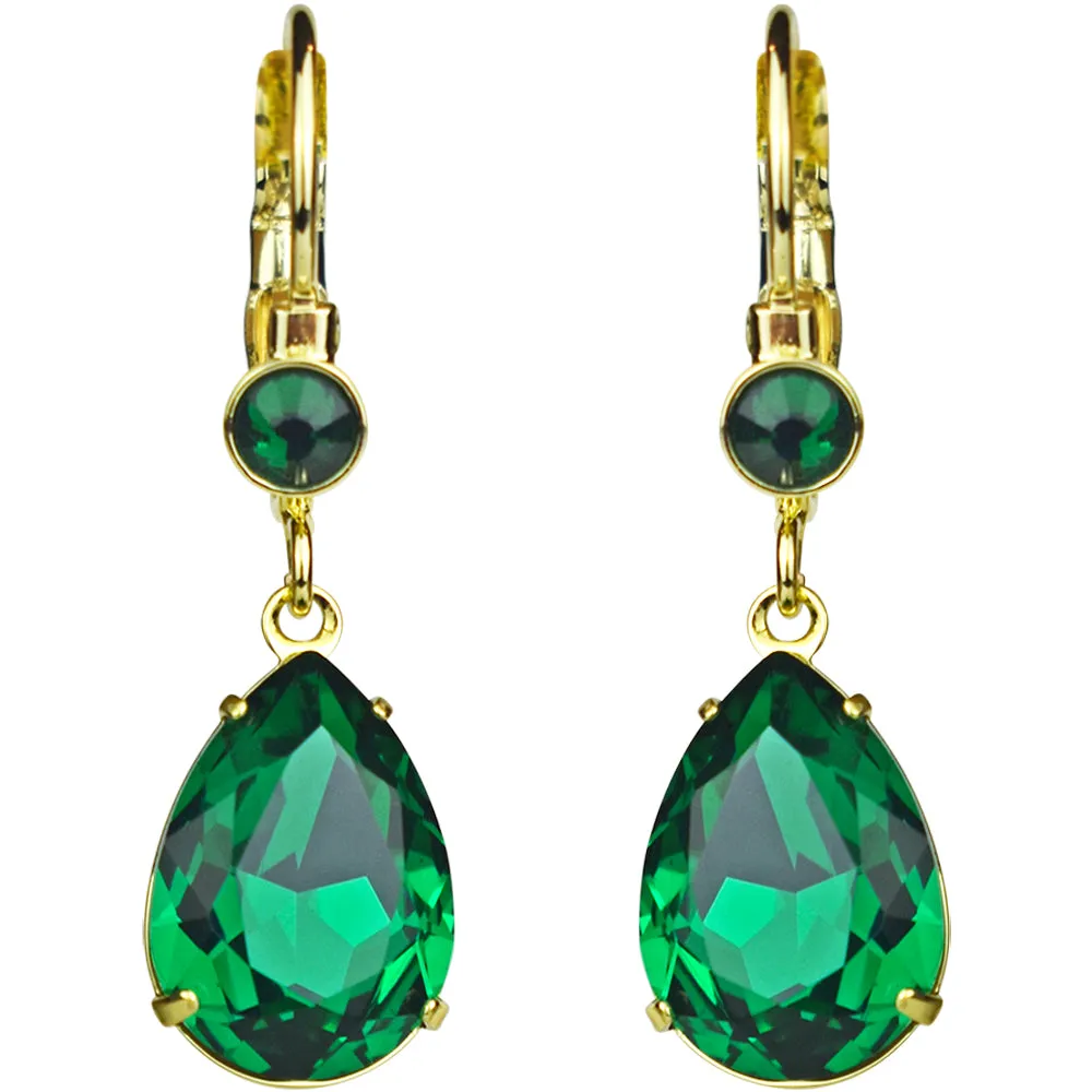 Goddess Tears Leverback Earrings (Goldtone/Emerald Green)