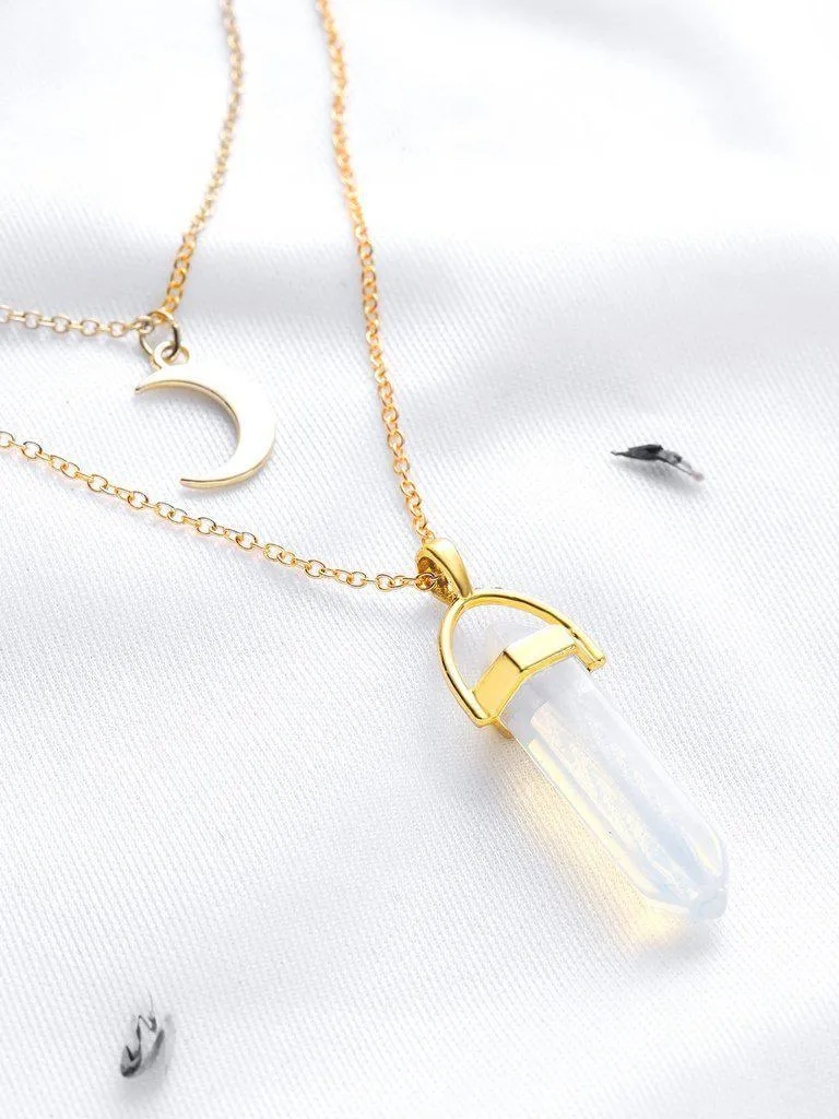 Gold Crystal And Crescent Pendant Layered Necklace