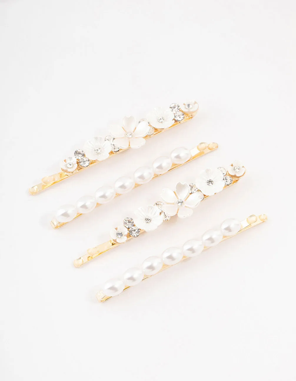 Gold Diamante & Flower Pearl Clips 4-Pack