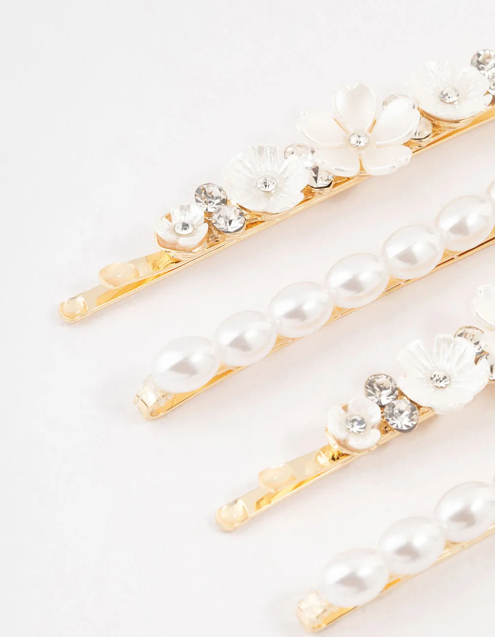 Gold Diamante & Flower Pearl Clips 4-Pack