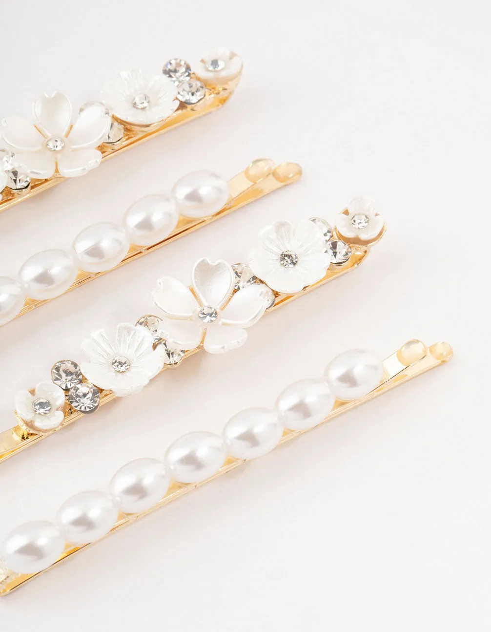 Gold Diamante & Flower Pearl Clips 4-Pack