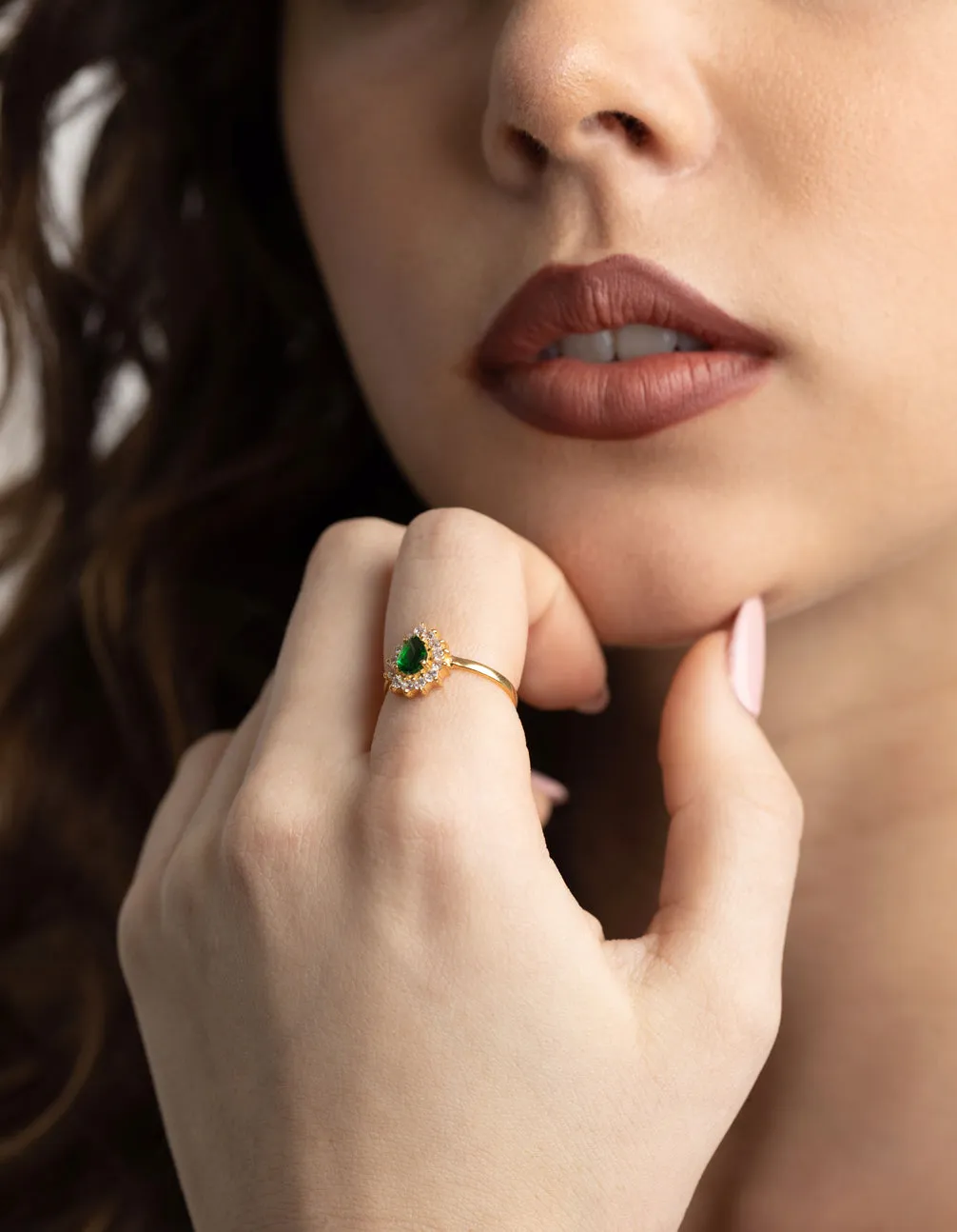 Gold Plated Sterling Silver Green Pear Ring