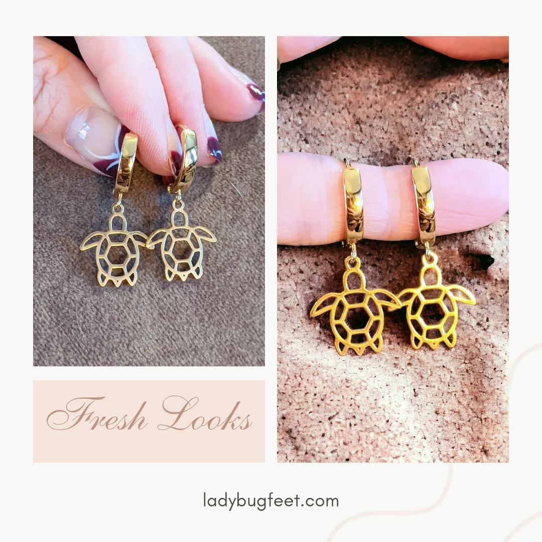 Gold Sea Turtle Hoop earrings, 16mm Hoop Drop