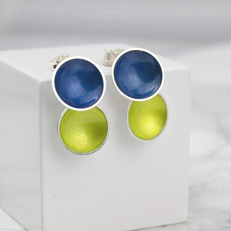 Halo Silver and Colorful Small Enamel Double Drop Earrings