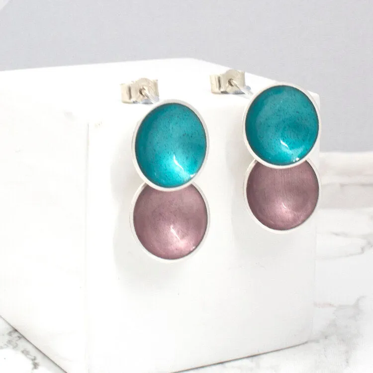 Halo Silver and Colorful Small Enamel Double Drop Earrings