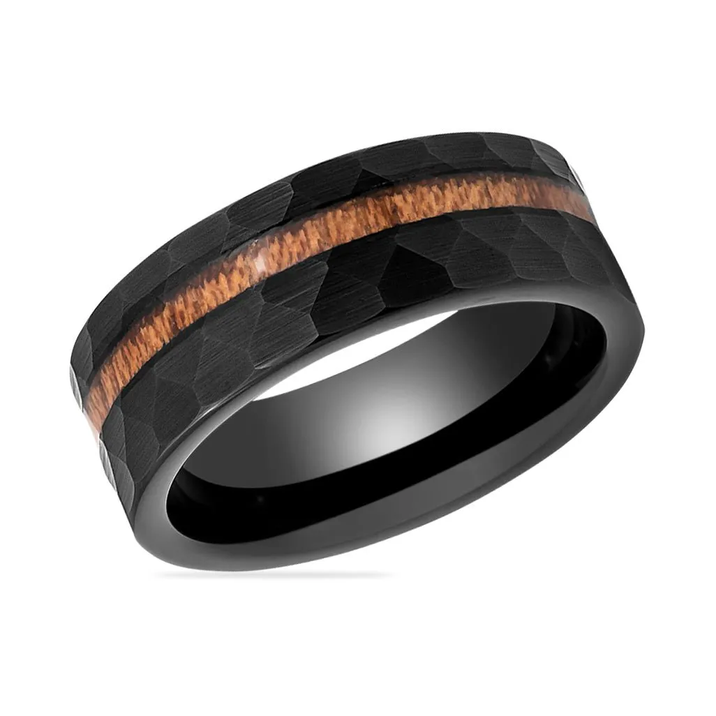 INFERNAL | Black Tungsten Ring, Hammered, Koa Wood Inlay, Flat