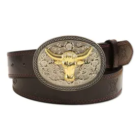 Men's Casual Golden Bull Head Floral Buckle Leather Belt