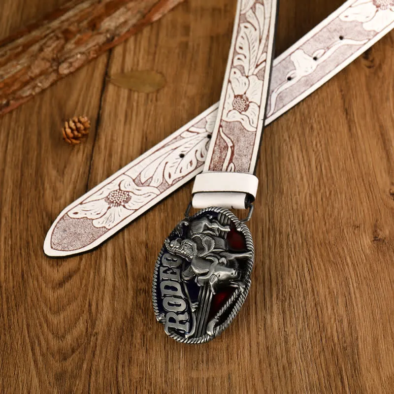 Men's Rodeo Bullfighting White Embossed Leather Belt