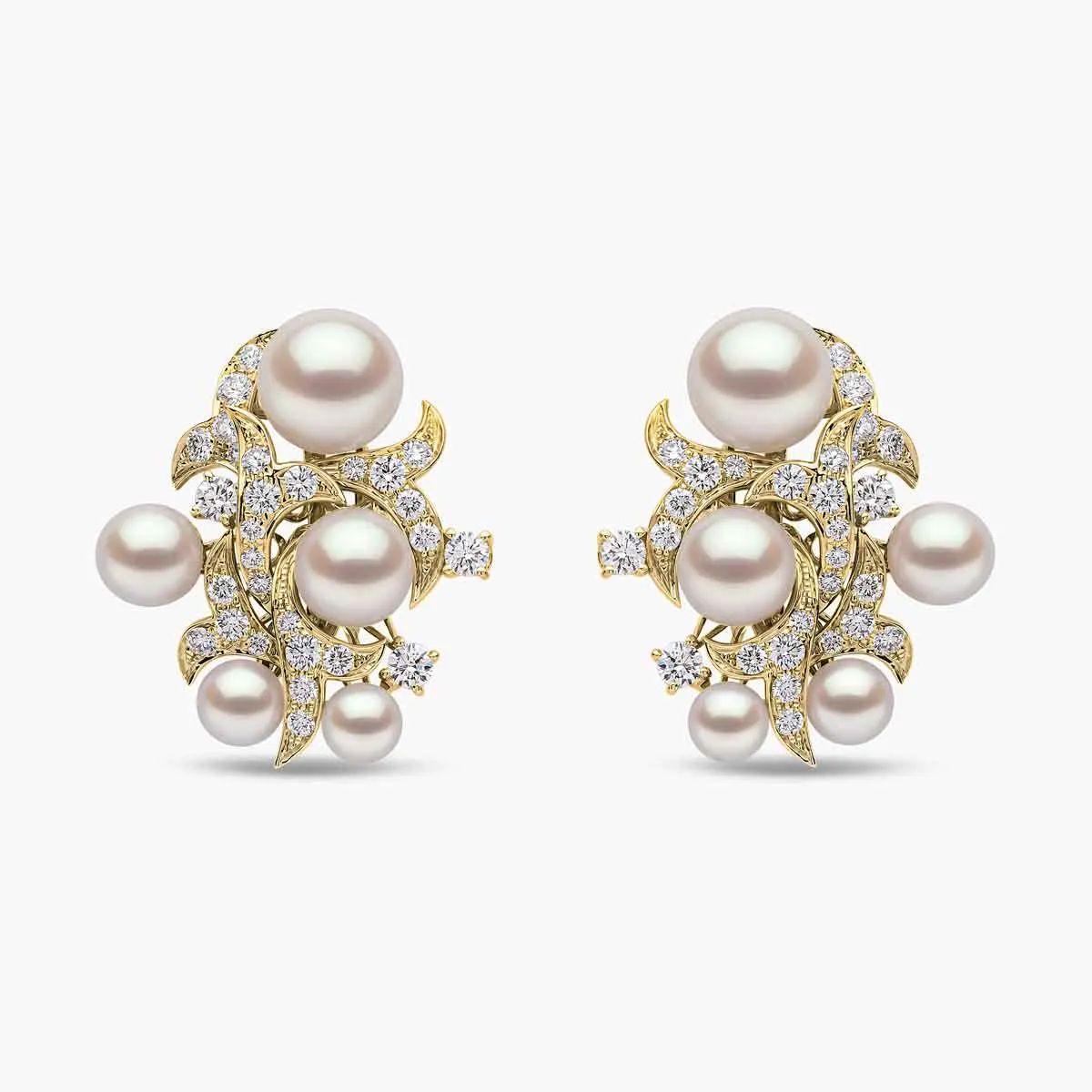 Raindrop 18K Gold Akoya Pearl and Diamond Cluster Earrings