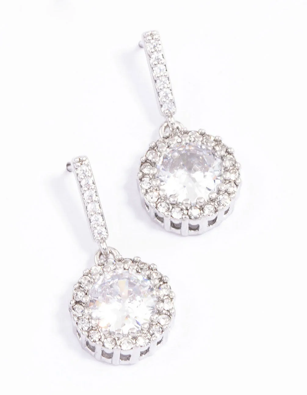 Rhodium Round Cushion Cubic Zirconia Drop Earrings