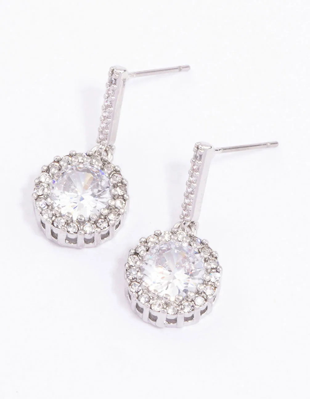 Rhodium Round Cushion Cubic Zirconia Drop Earrings