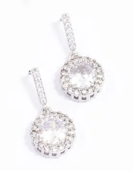 Rhodium Round Cushion Cubic Zirconia Drop Earrings