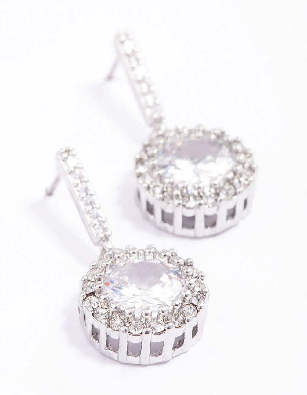 Rhodium Round Cushion Cubic Zirconia Drop Earrings