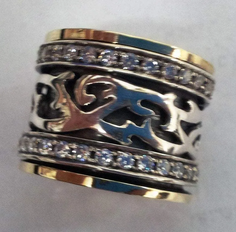 Spinner ring , silver and gold rings for woman , vintage jewelry , cz zircons rings, spinning rings