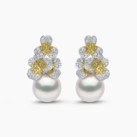 Sunrise 18K Gold Pearl and Diamond Floral Motif Earrings