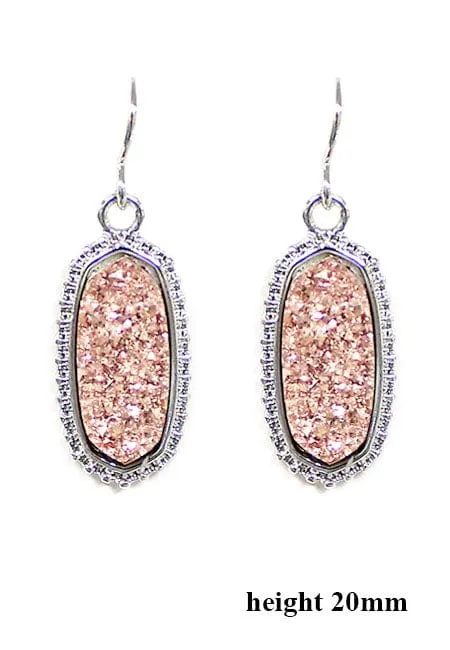 VE1442 Druzy Stone Oval Hexagon Drop Earrings