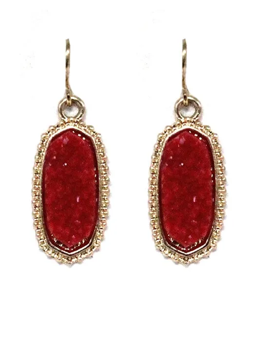 VE1442 Druzy Stone Oval Hexagon Drop Earrings