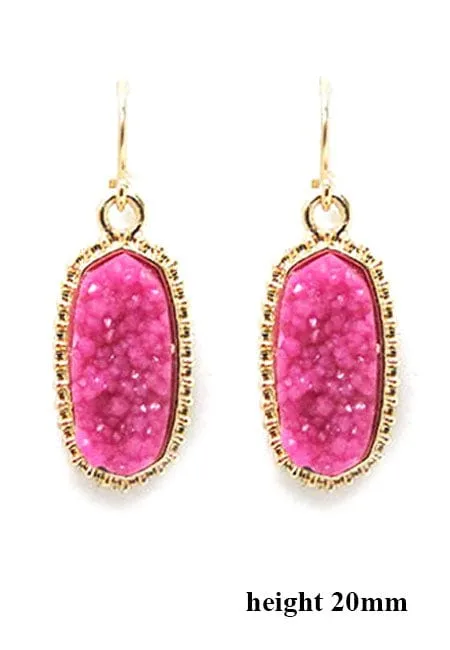 VE1442 Druzy Stone Oval Hexagon Drop Earrings