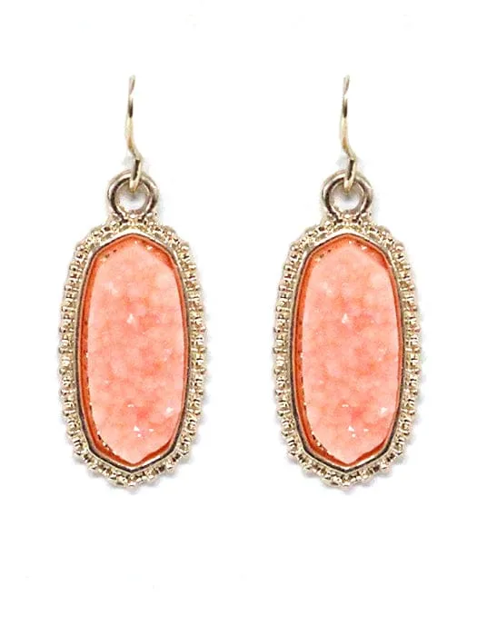 VE1442 Druzy Stone Oval Hexagon Drop Earrings