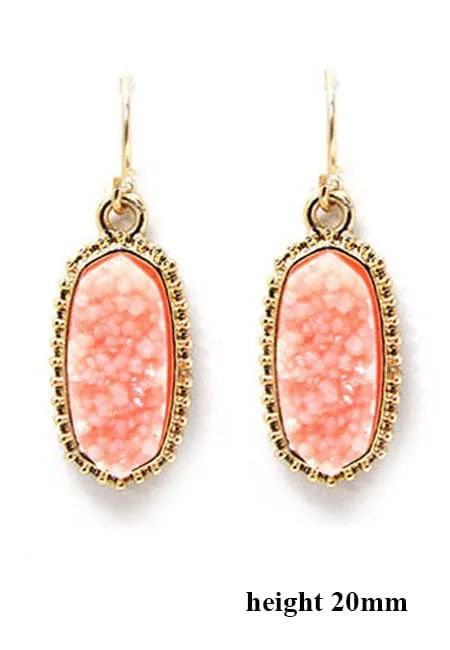 VE1442 Druzy Stone Oval Hexagon Drop Earrings