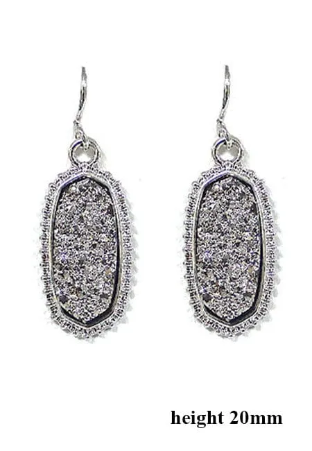 VE1442 Druzy Stone Oval Hexagon Drop Earrings