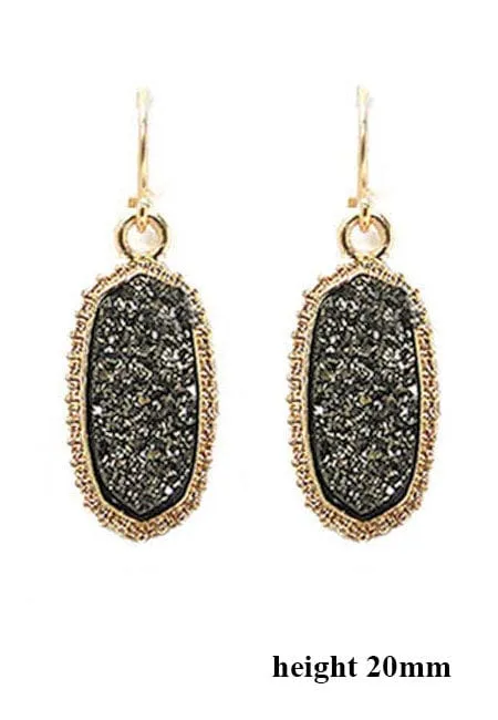 VE1442 Druzy Stone Oval Hexagon Drop Earrings