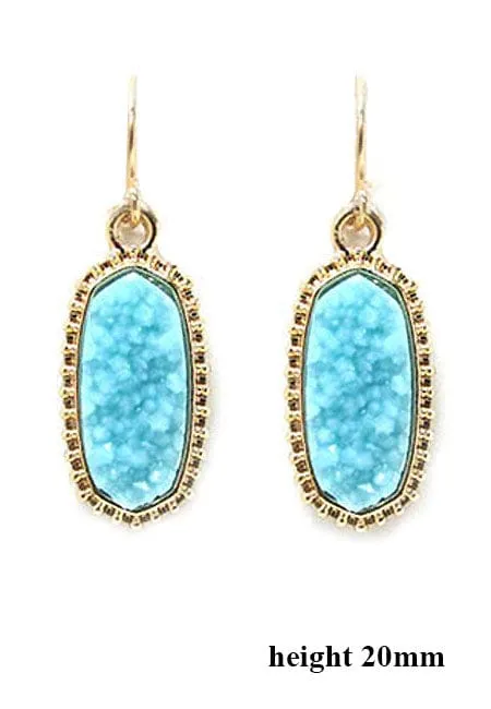 VE1442 Druzy Stone Oval Hexagon Drop Earrings