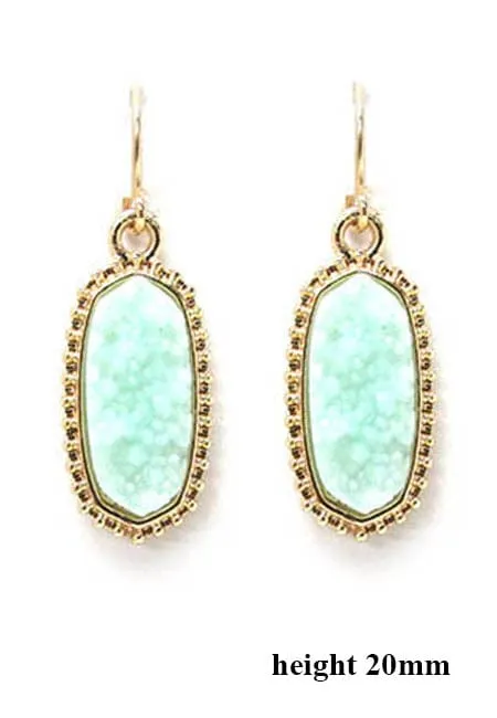 VE1442 Druzy Stone Oval Hexagon Drop Earrings