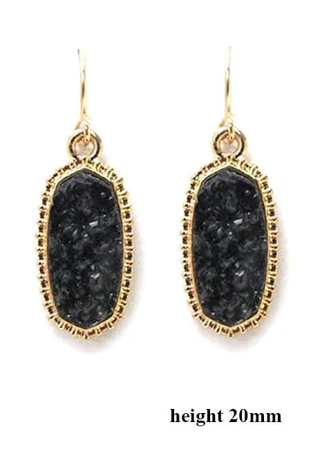 VE1442 Druzy Stone Oval Hexagon Drop Earrings