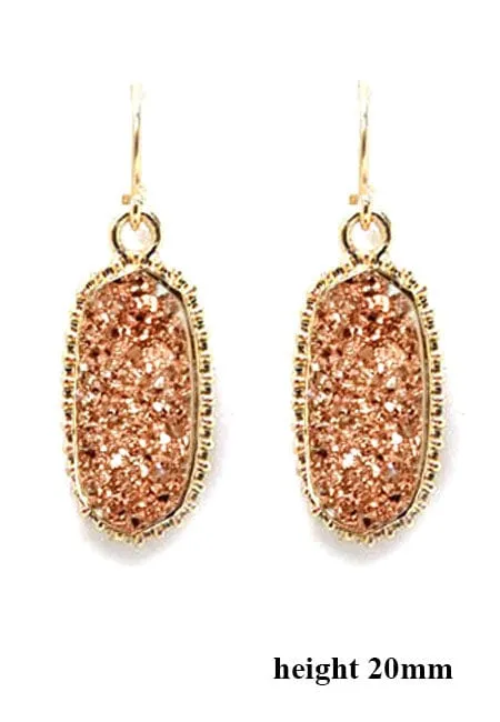 VE1442 Druzy Stone Oval Hexagon Drop Earrings