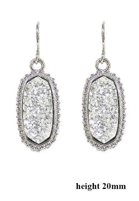 VE1442 Druzy Stone Oval Hexagon Drop Earrings